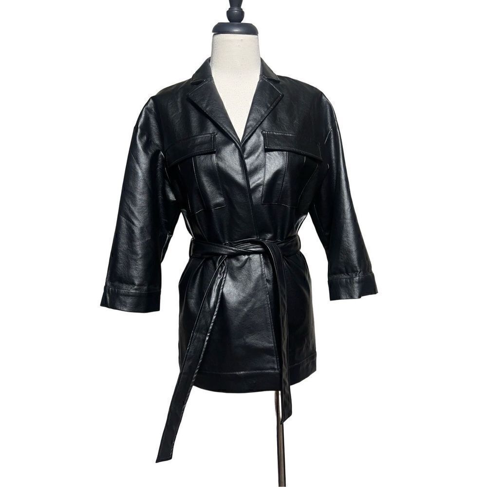 Moodie Vegan Leather Faux Leather Belted Jacket Blazer Small